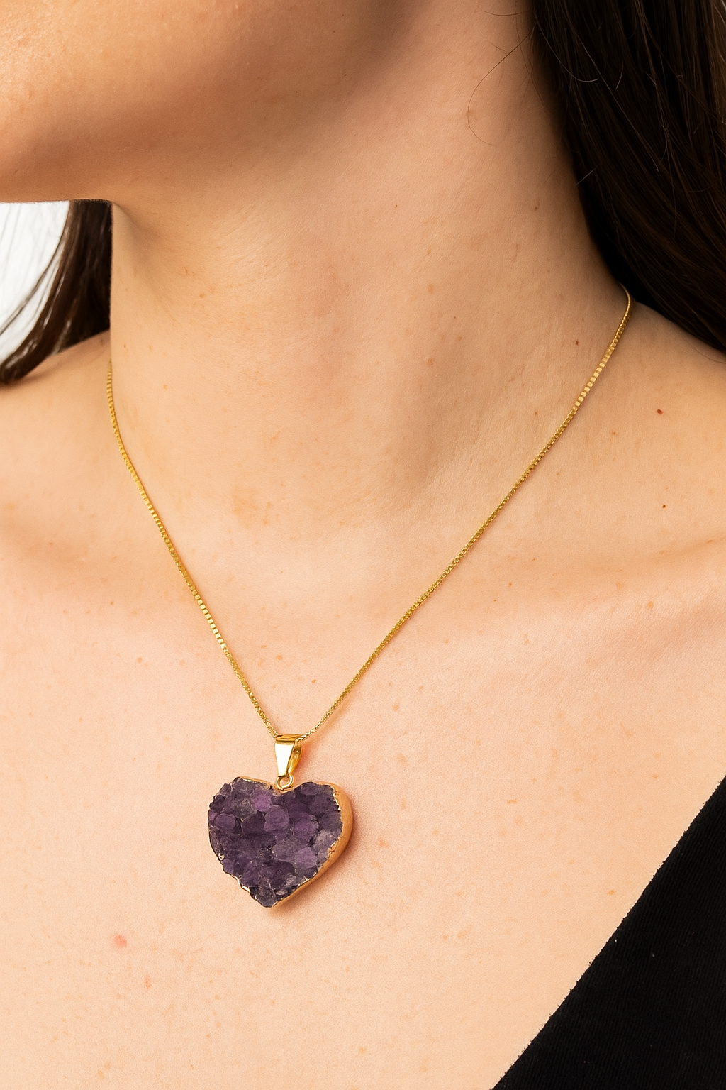 Colar Coração de Drusa Ametista com Corrente Veneziana Banho de Ouro 10 Milésimos de 50 cm